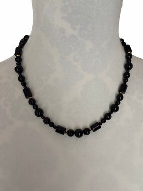 Vintage Monet Black Lucite Beaded Necklace Gold Tone Accents | Classic
